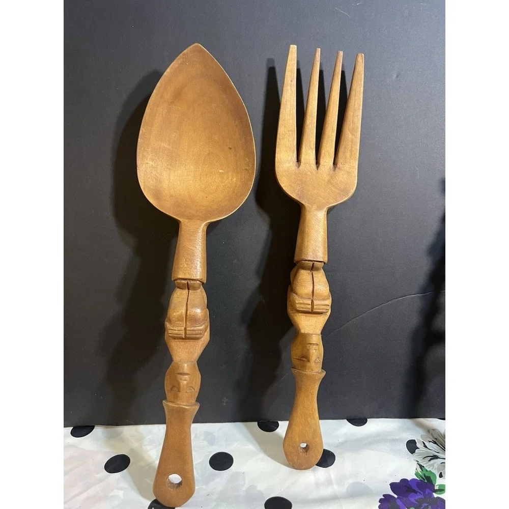 Wood Salad Fork & Spoon Mid Century Tribal Hand‎ Carved Decor 12